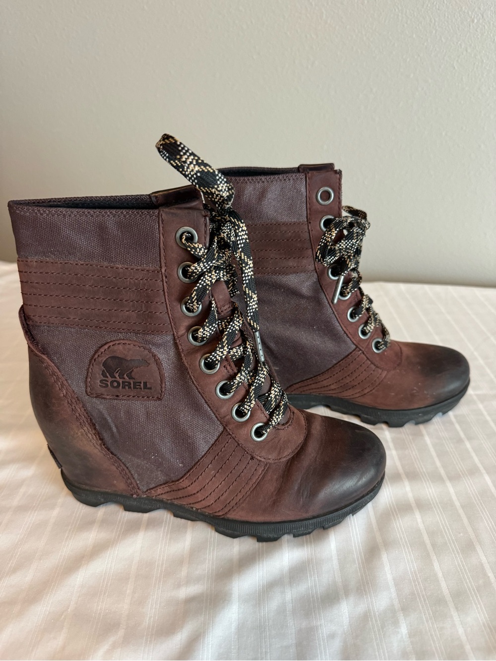 Sorel Brown Lace-Up Wedge Ankle Boots